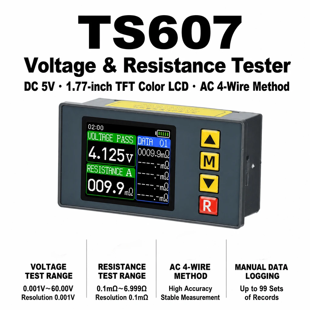 Testeur de résistance interne haute précision TS607 DC5V, écran TFT couleur 1,77 pouce, méthode AC 4 fils, testeur de voltmètre pour batterie au lithium