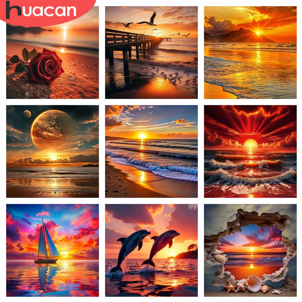 HUACAN Diamond Painting Sunset Landscape Handmade Full Square Round Drill Diamond Mosaic Seaside Scenery Home Decor Rhinestones