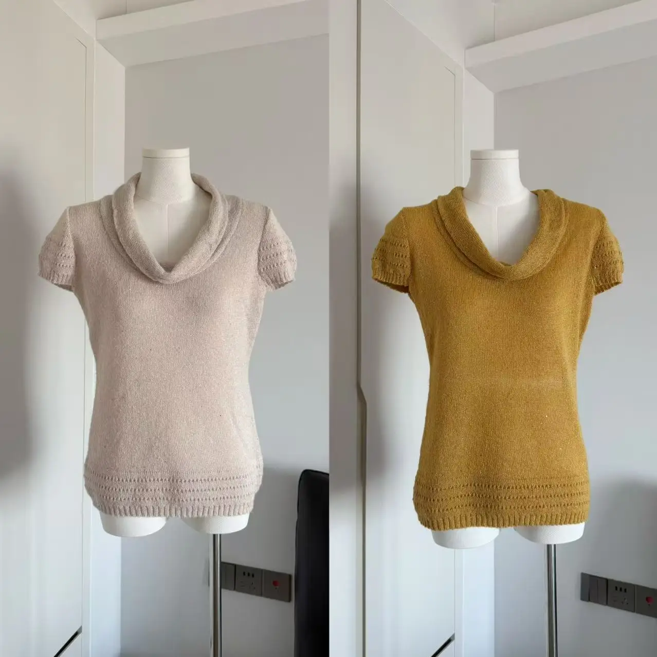 

Korean Sle ort Sve Knitted irt Women's Unique Design Early Spring Flaing Slimming T-irt Bright iny Sta Ne