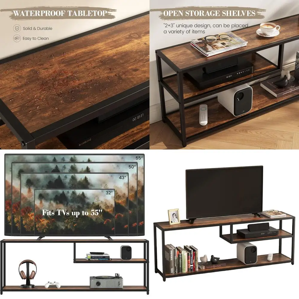 

Тумба под телевизор Rustic Brown 55 с полками для хранения и металлическим каркасом, развлекательный центр