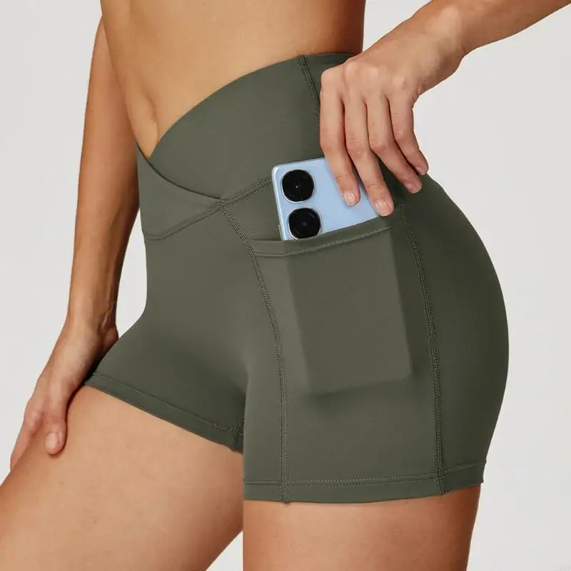 Women Running Shorts With Side Pockets Quick Dry High Waist Belly Control Gym Shorts For Fitness Workout Running Cycling 24BD