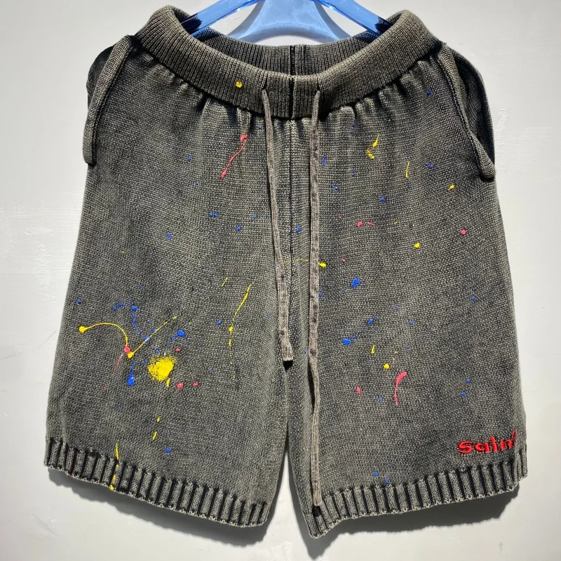 Men Vintage Knit Shorts Saint  Multi-color Splash Paint Rib Hem Hip Hop  Street Bottoms