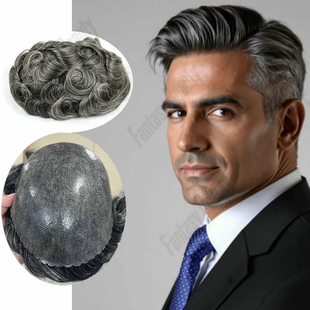 

Gray1B40Black Brown Human Hair30mm Wave Natural Hairline Toupee Fashion Cheap Durable Male Thin Skin Full PU Capillary Prothesis