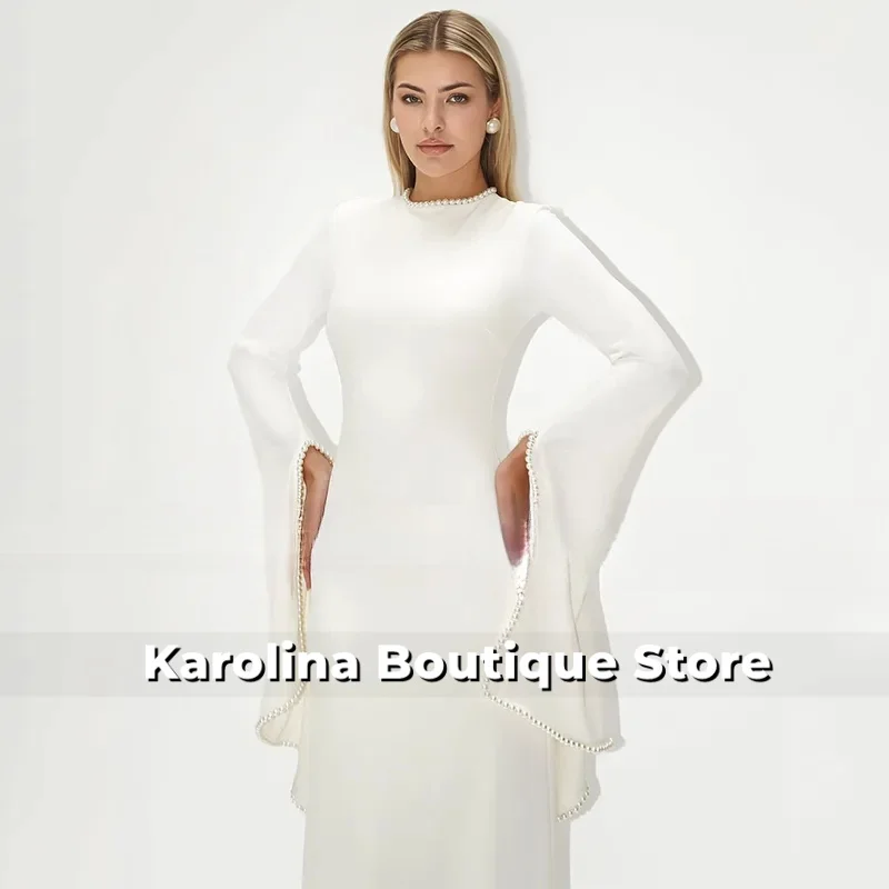 Robe de soirée modeste perles col rond manches longues une ligne robes de soirée modernes pour les femmes longueur de plancher robes d'invité de mariage ivoire