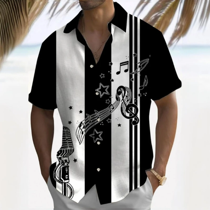 3d Music Symbol Print Hawaiian Shirts For Men Short Sleeve Shirt Summer Beach Casual Man Clothing Loose Oversized Men Shirt Tops