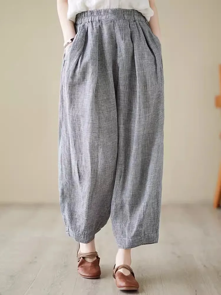 Loose Fitting Vintage Lantern Pants 2024 New Plaid Wide Leg Pants for Women Ankle-Length Elastic Waist Harem Pants Bloomers