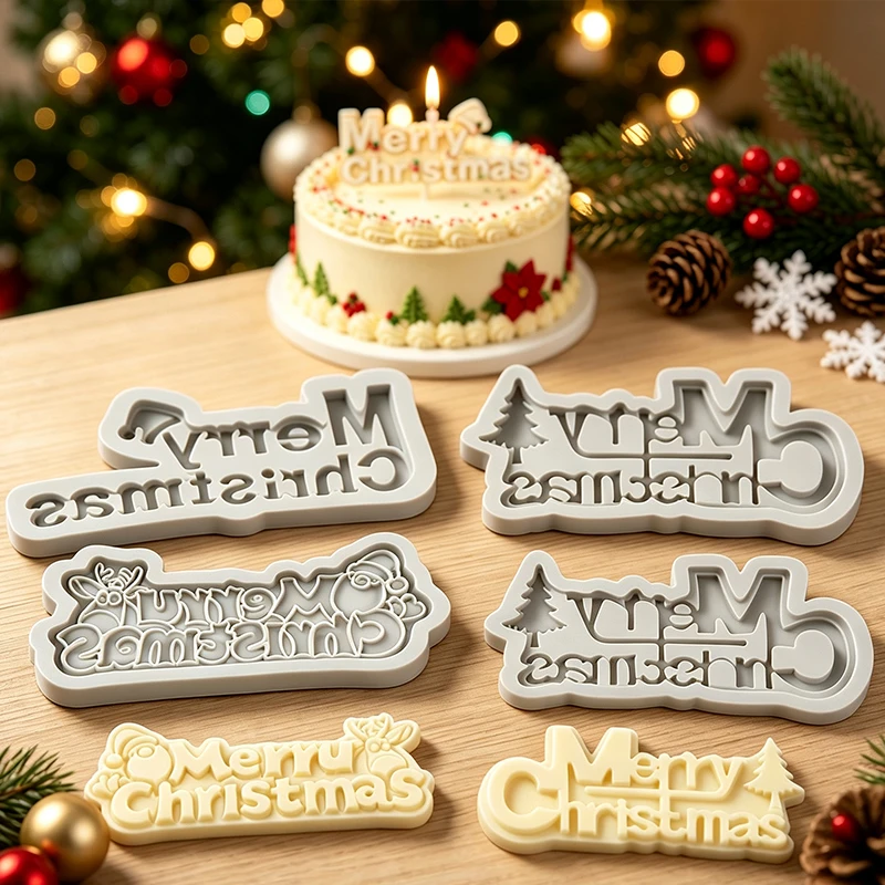 Merry Christmas Sign Silicone Candle Mold 3D Christmas Cake Topper Chocolate Fondant Biscuit Soap Aroma Craft Mold Xmas Decor