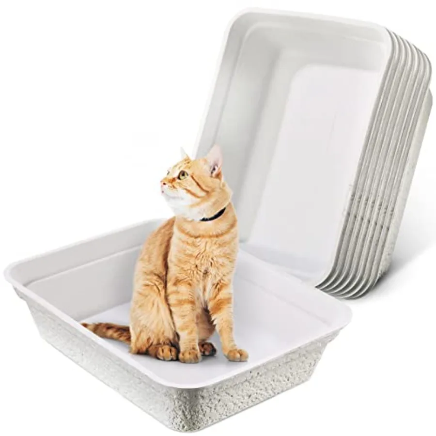 

8 Pcs Disposable Litter Boxes for Cats, Paper Kitten Trays 16.7 x 12.8 x 4.1 Inch White Portable 2 in 1 Travel Pan for Indoor O