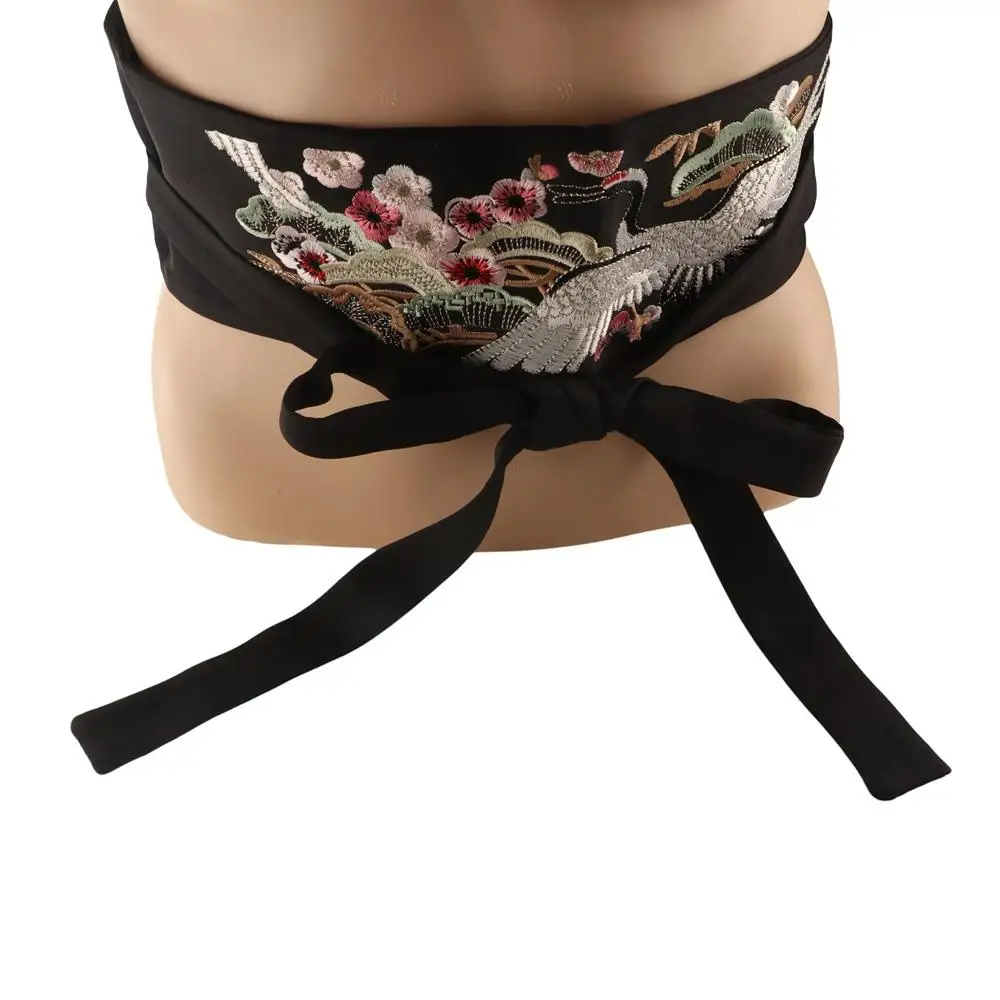 Personality Crane Hanfu Cummerbunds Embroidered Corset Wide Belt Tie Wrap Flower Women Waistband Ladies
