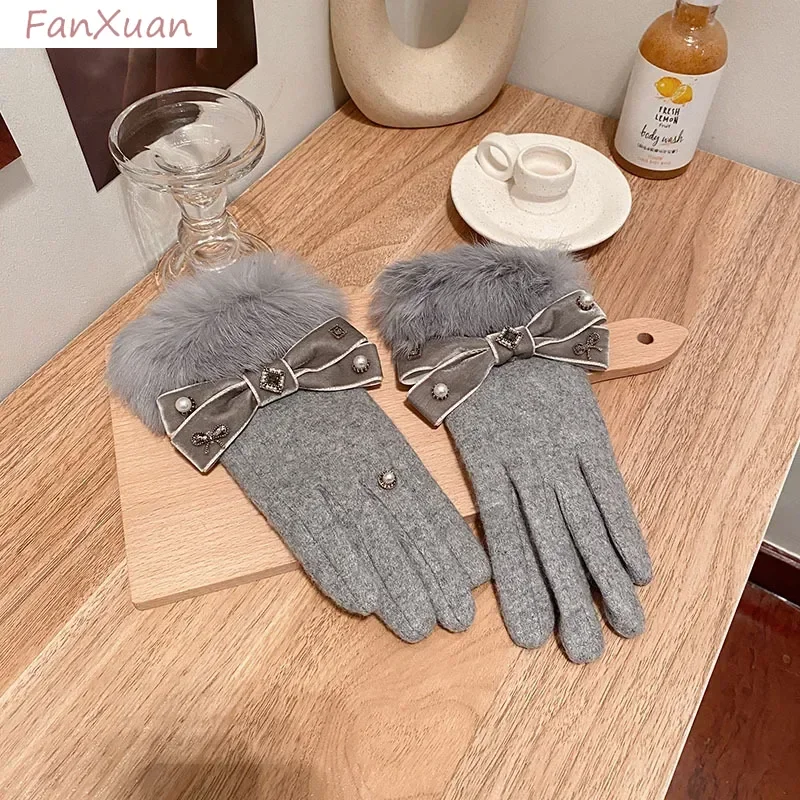 Elegant Black Grey Gloves for Women Autumn Winter Rabbit Fur Gloves Bowknot Plush Touch Screen Female Gift