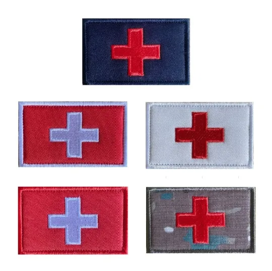 Small Square Red Cross Embroidery Hook&loop Patches Outdoor First Aid Medical Badge Cross Flag with Colored Base Tactical Emblem