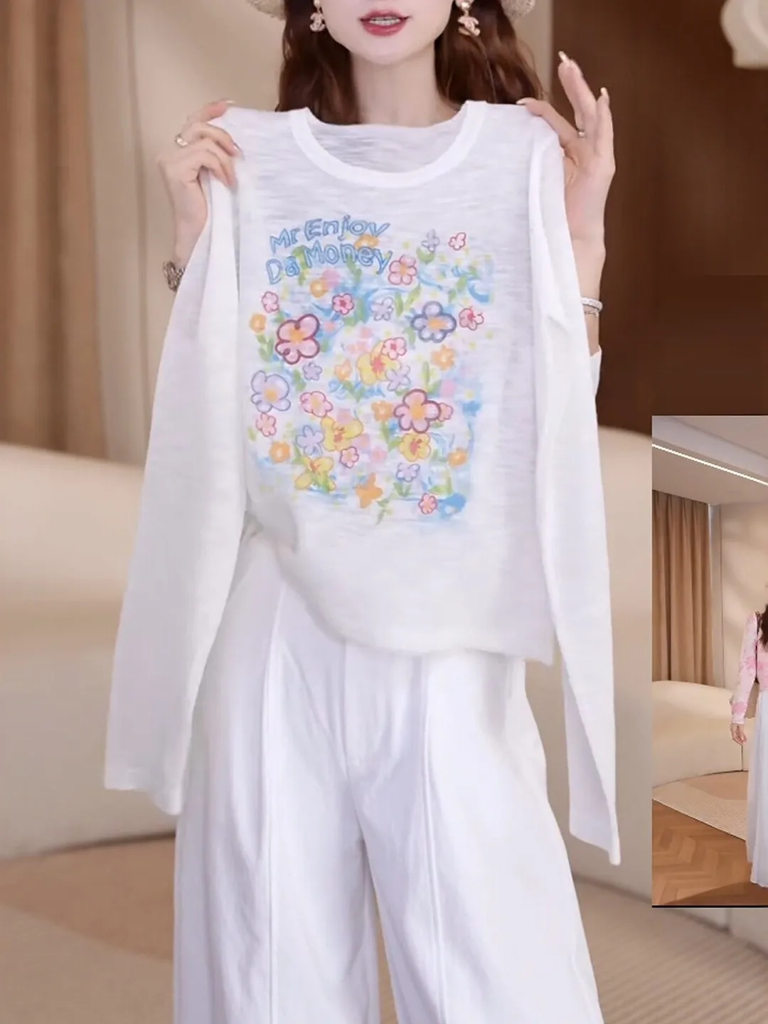White Long Sleeve Floral Print Top Women's Commute Slimming Meat Covering Thin Sun Protection Shirt Summer Lightweight Oxygen...