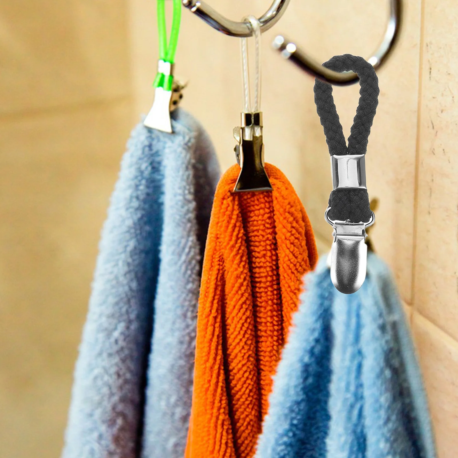 

6Pcs Metal Towel Clips Braided Cotton Ropes Bathroom Kitchen Organizer Easy to Use Stylish and Secure Grip Cotton Towel Hook