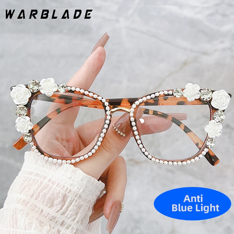 

Fashion Cat Eye Glasses Women Lovely Anti-Blue Light Eyeglasses Big Computer Goggle Retro Diamond Flowers Frame Reading Eyewear