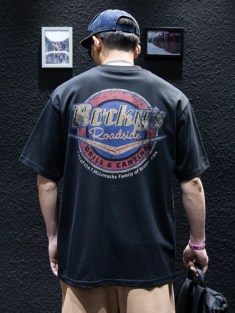 

American Retro Print Short Sleeve T-Shirt Men Pure Cotton Loose Trendy Large Size Half Sleeve round Neck Body Shirt Summer