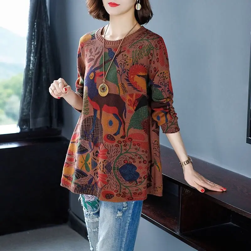 Autumn Winter New O-Neck Abstract Printed Jumpers Loose Fashion Patchwork Vintage Long Sleeve Knitted Sweaters Women\'s Clothing