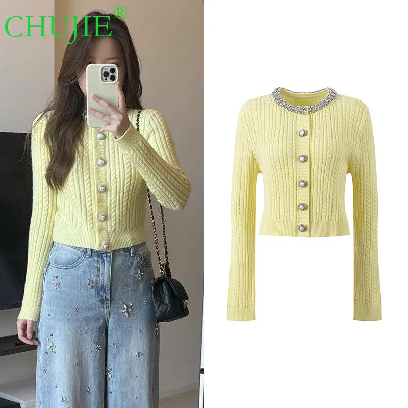 

CHUJIE 2022, осенний новый сверхпрочный вязаный кардиган во французском стиле с круглым вырезом, украшенный бриллиантами, нежный и уменьшающий возраст вязаный топ