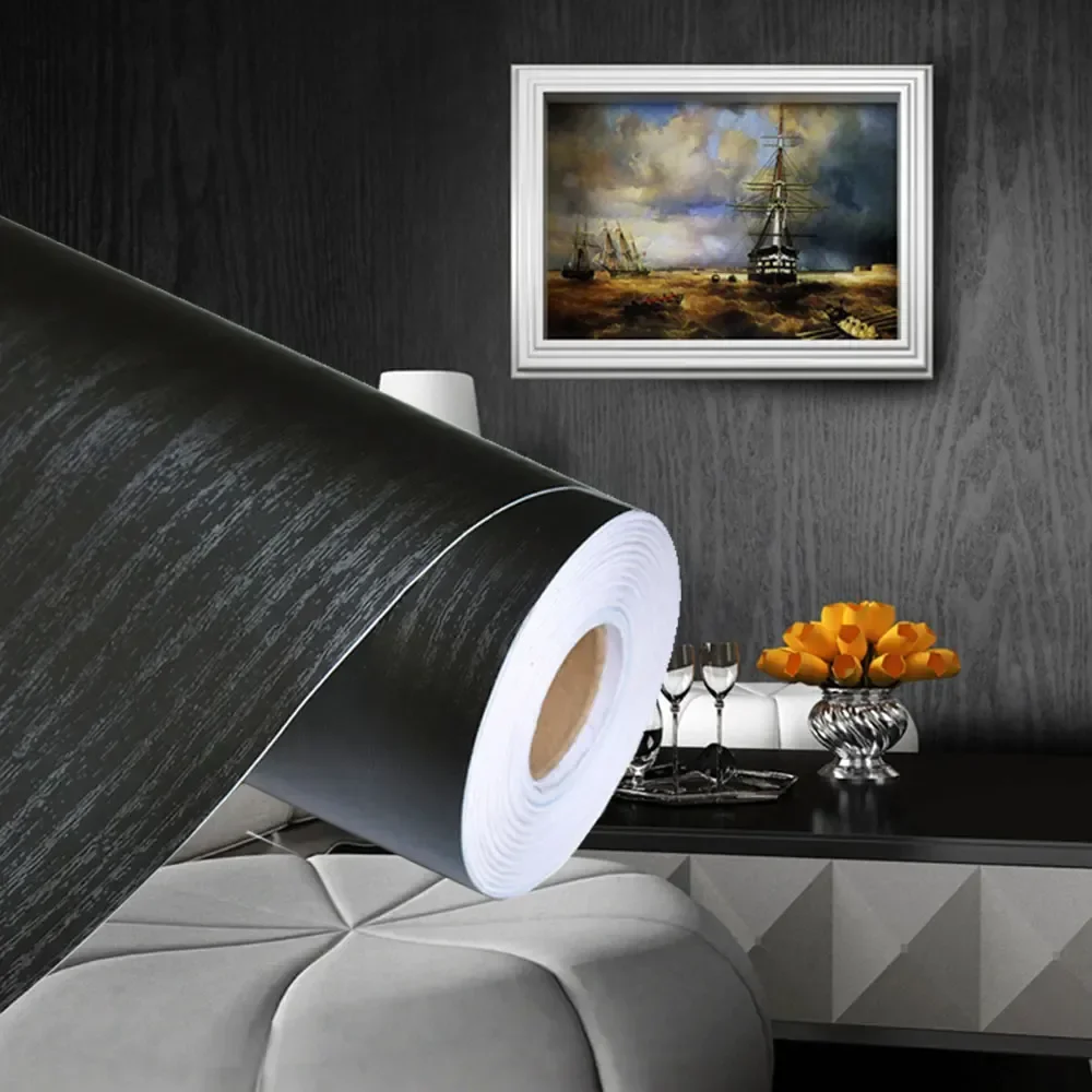 Black Wood Grain Wall Sticker Wallpaper Waterproof Self Adhesive Film For Table Furniture Household DIY Refinishing Indoor Decor