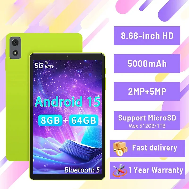 2025 Android 15 Tablet 8.68 Inch, 8GB+64GB+1TB Expand, WiFi 6, Type-C Fast Charging, Dual Camera, 5000mAh High Capacity Battery
