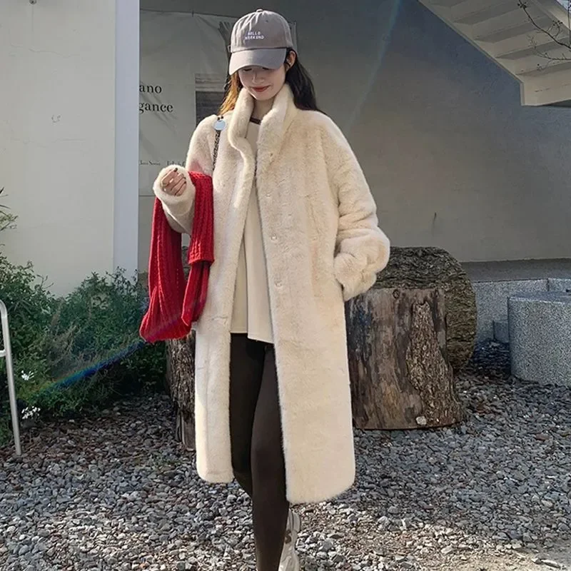 女性用ロングファーコート、ふわふわフェイクファージャケット、防風ウインドブレーカー、特大アウター、長袖、厚くて暖かい、ボタン、豪華でシック