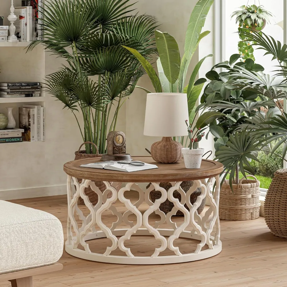 Farmhouse Coffee Table, Distressed Tray Top Table with Curved Motif Frame Base for Boho, Rustic, French Country Decor, Round