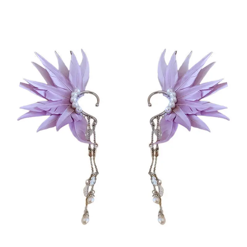 보라색 슈퍼 요정 날개 프린지 귀 교수형 깃털 여성 분위기 사진 소품 귀걸이 모자 고급 기질 기질