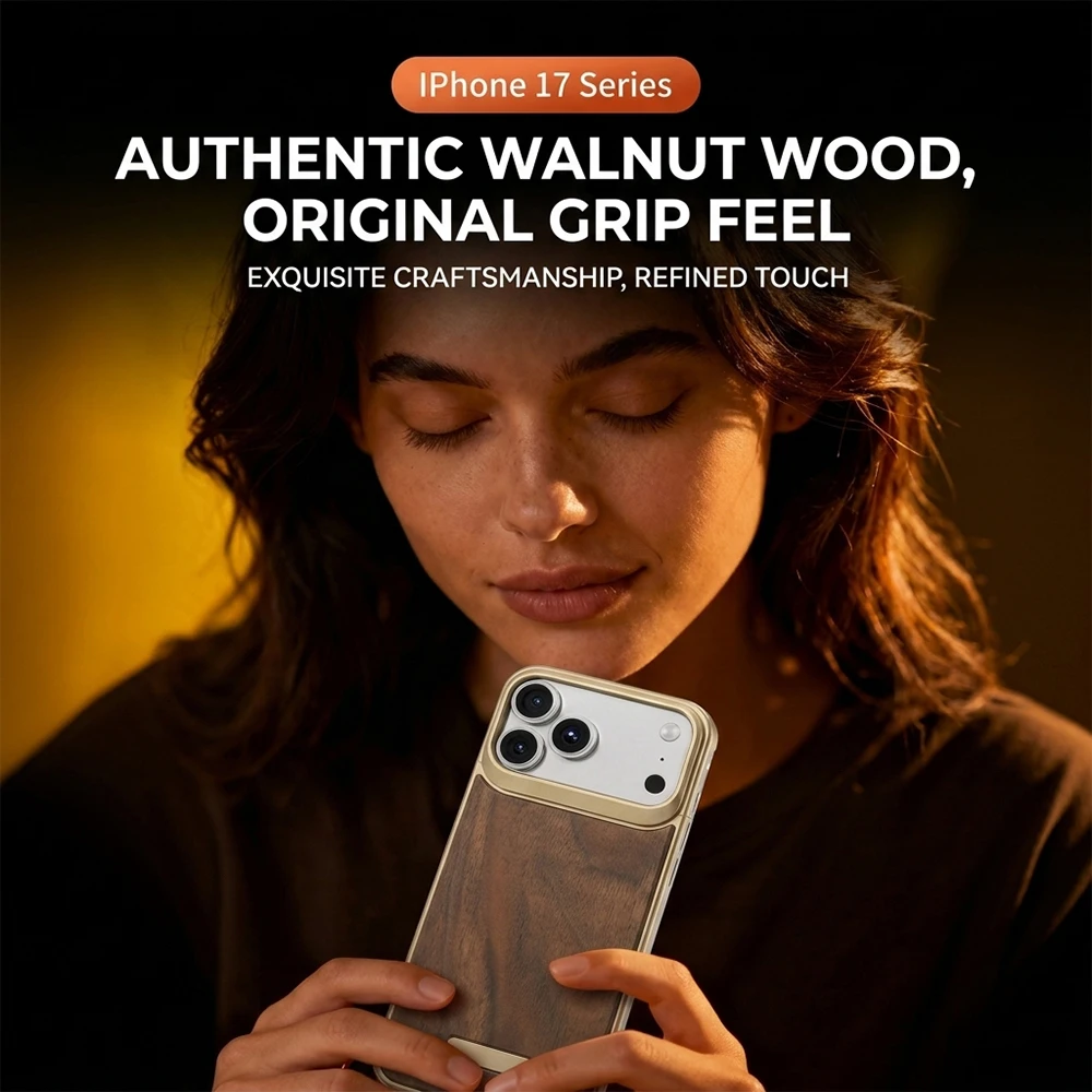 Luxury Metal Wood Case for iPhone 17 Pro Max MagSafe Magnetic Walnut Wood Aluminum Bumper Slide Push Pull Cover Desert Titanium