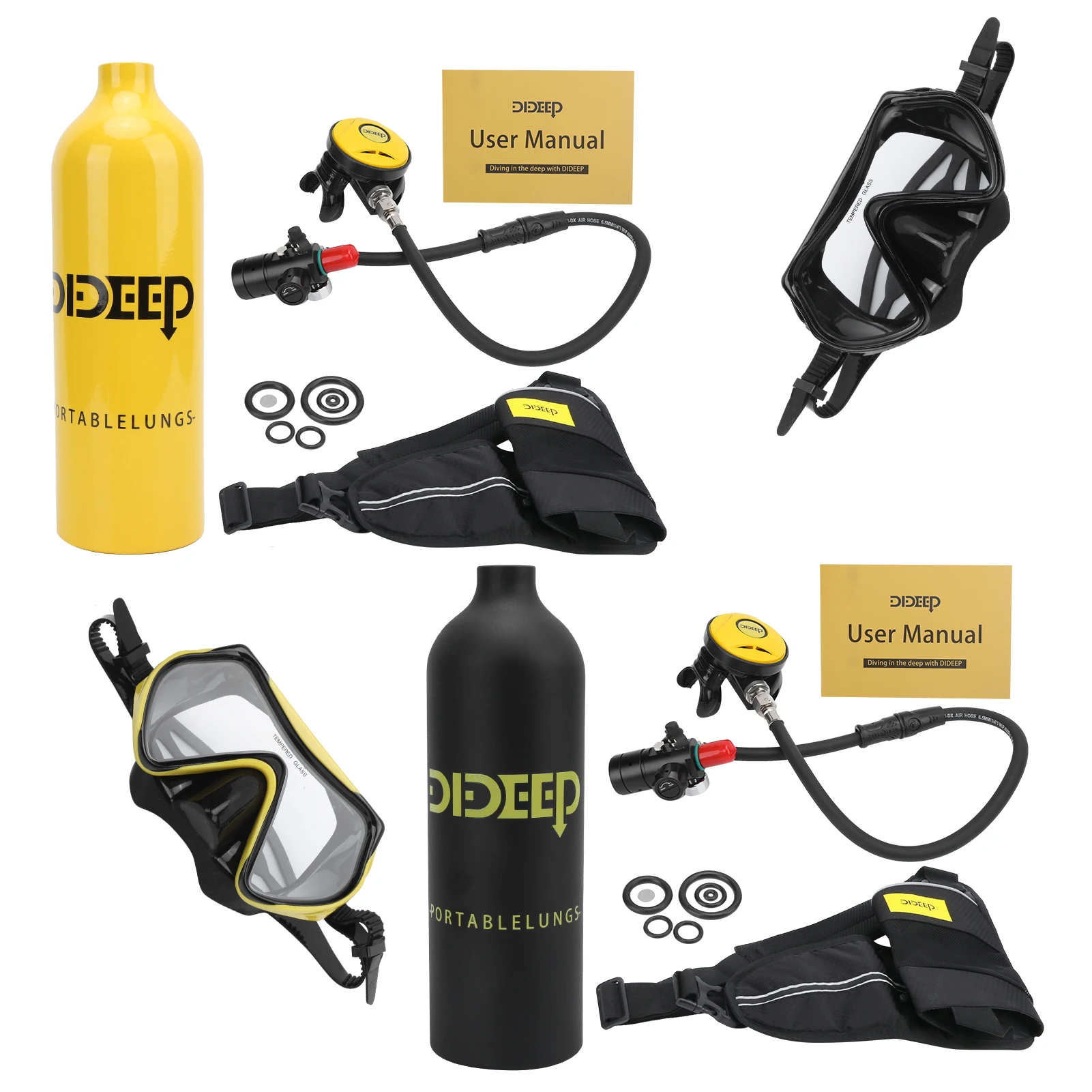 DIDEEP 1L Mini Scuba Tank Diving Set with Breather/Relief Valve/Scuba/Strap/Diving Goggles