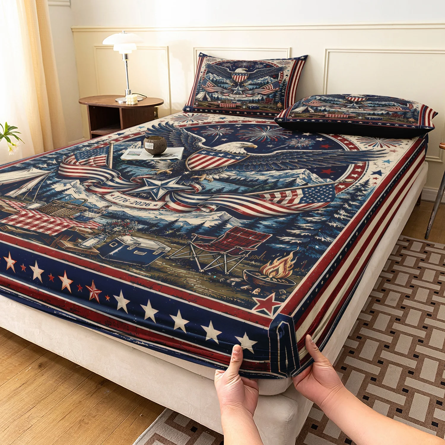 3Pcs Patriotic Bald Eagle Mountain Camping Print Fitted Sheet Set, Red White Blue Star Flag 1776 Wilderness Camp Print Bedding