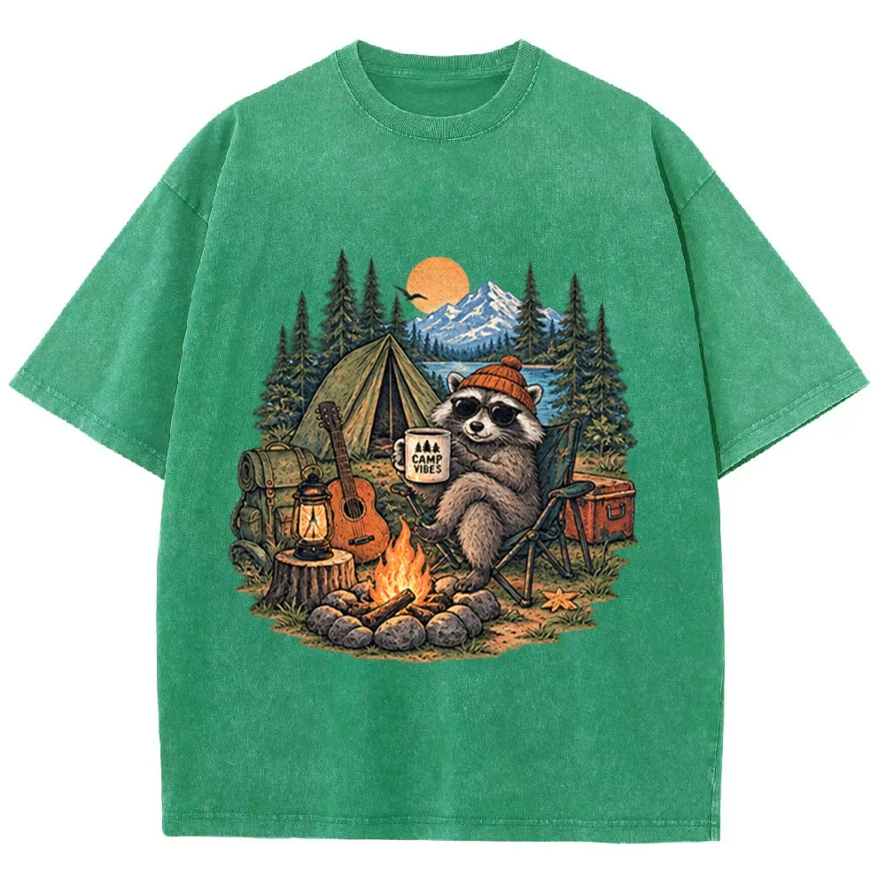 Camp Vibes Raccoon Camping T Shirt For Men Women Retro Mountain Forest Campfire Tent Guitar Graphic Tee Casual Short Sleeve