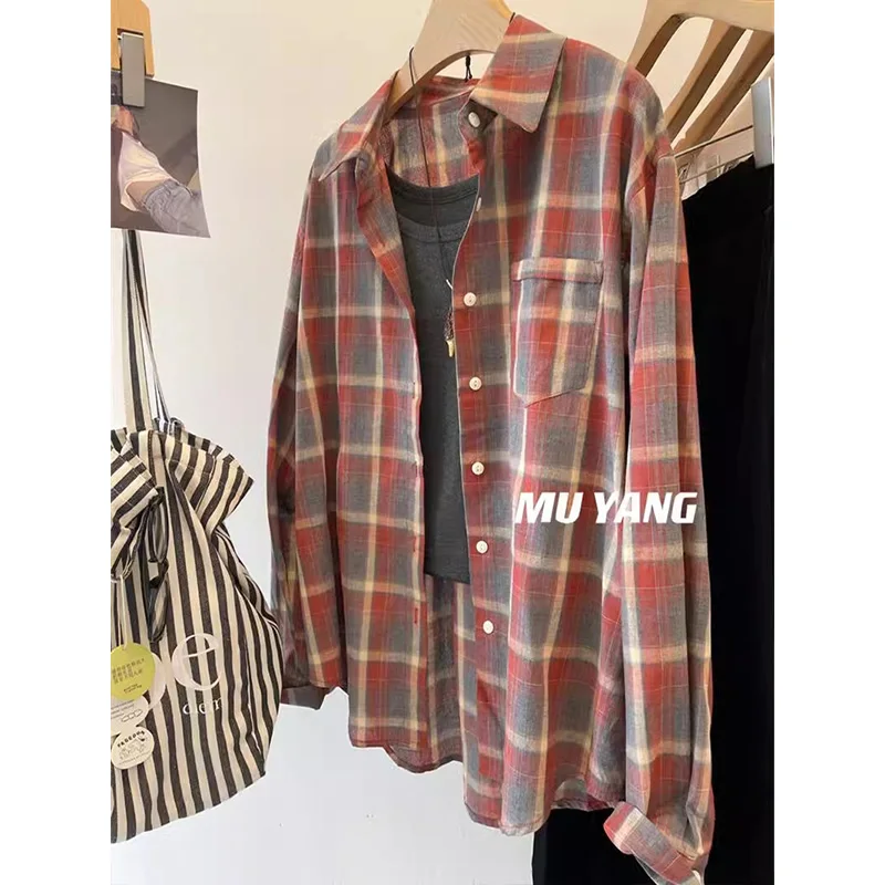

Deep Grey Casual Plaid Shirt And Vest Set Women's Loose Fit Two Piece Suit Korean Style Commute Fashion Button Detail Neck