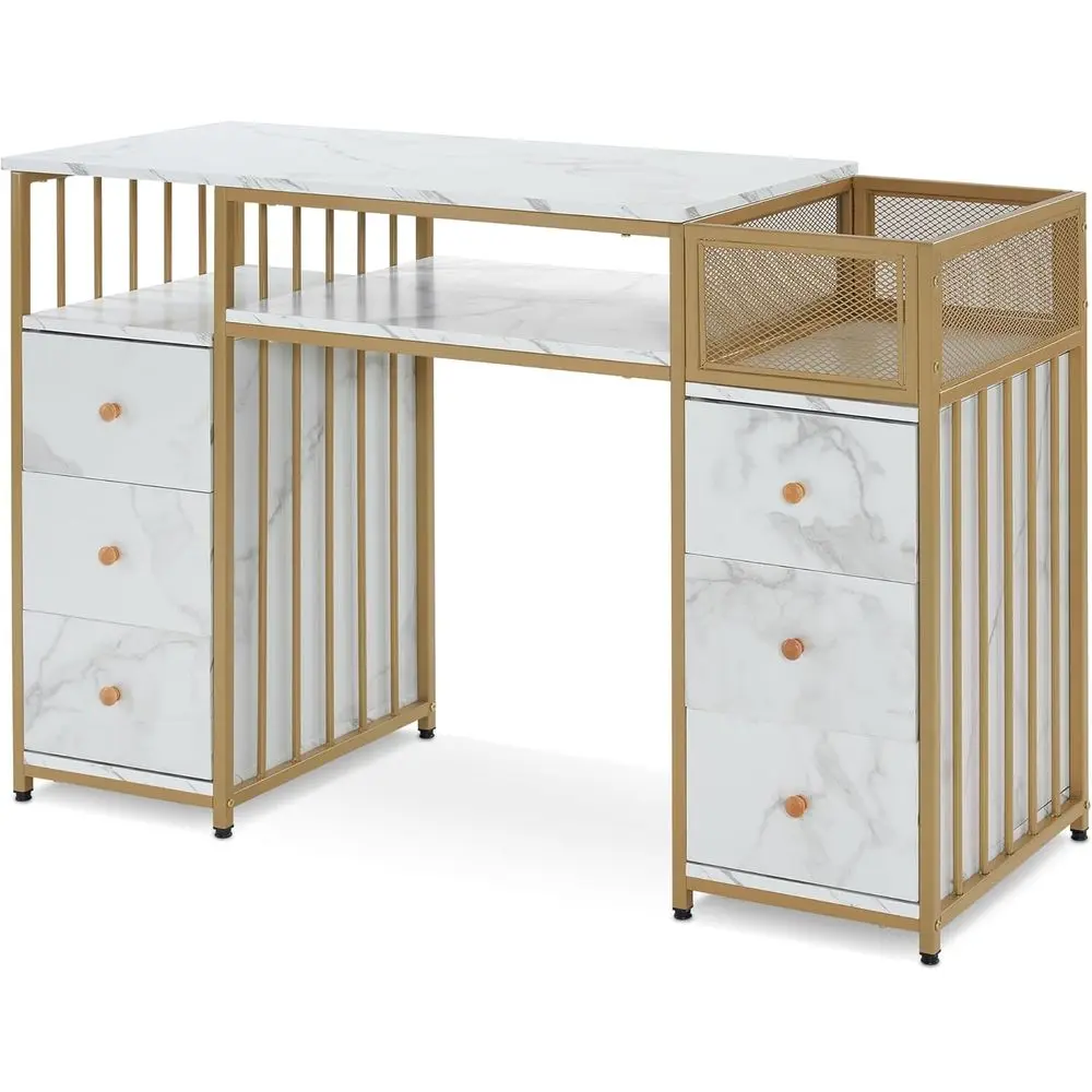 

Marbled Acrylic Resistant Nail Desk, Manicure Station with Metal Edge, Beauty Storage Organizer 2425 in White