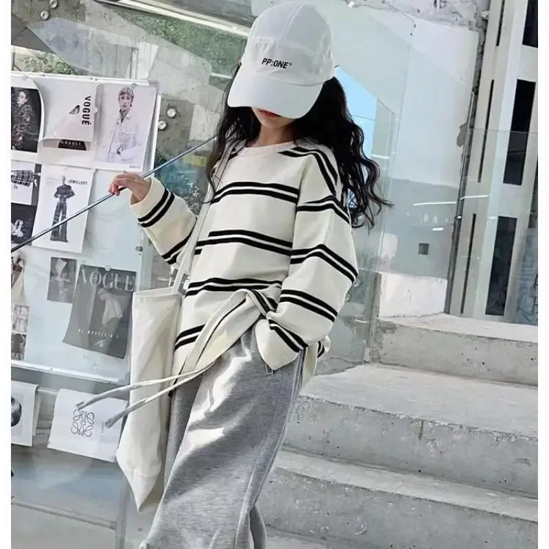 2024 Korea Style Simple Kids Clothes Girl 2Pcs Set Clothing Long Sleeve Striped+Loose Pant Outfits for Teen Girl 6 8 10 12 14Y