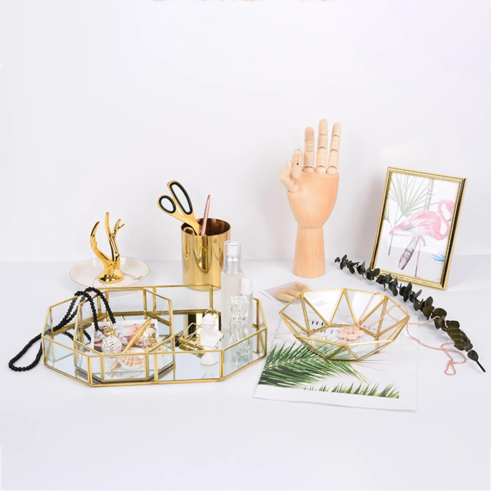 

Retro Style Brass Glass Jewelry Tray Stylish Beauty Glass Jewelry Tray For Vanity Dressers