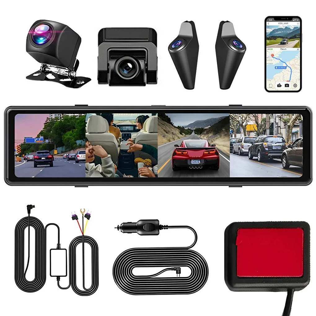 

12 Inch Stream Media Rearview Mirror Dash Cam 4 Channels 360° Full View Car DVR 1080P WiFi ADAS BSD Touch Screen Recorder