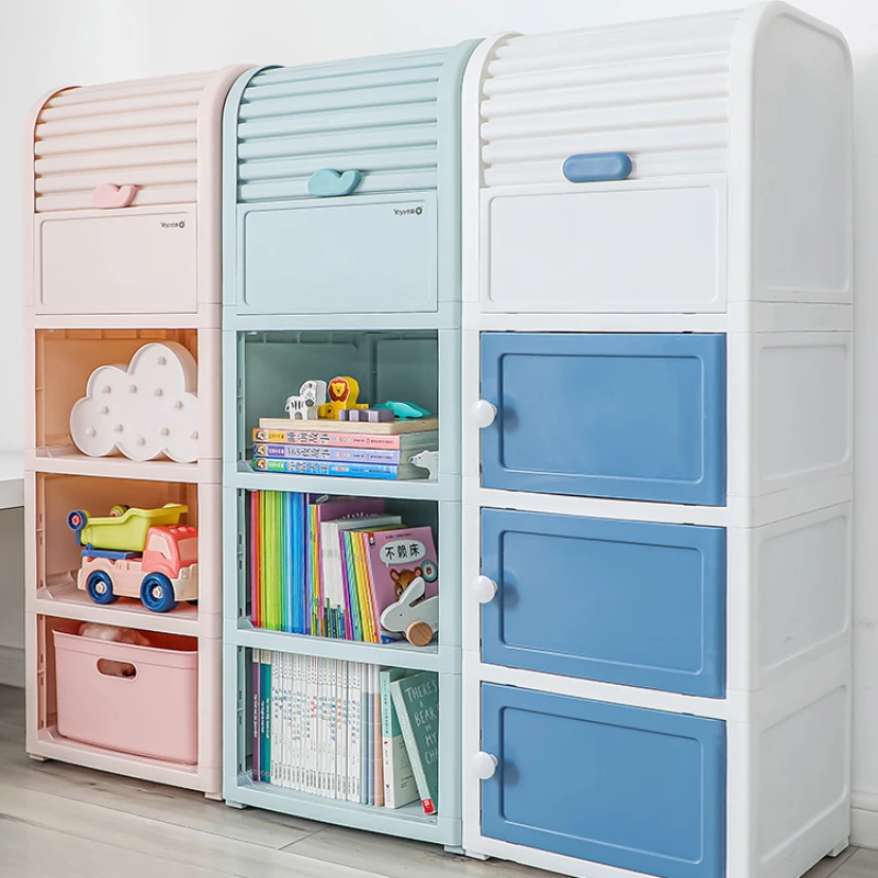  Large Capacity Toy Container Drawer-Type Storage Cabinet with Roller Shutter Door Snack Organizer Box with Bottom Pulley