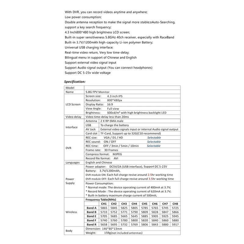 

A32T-5.8G FPV Monitor With DVR 40CH 4.3 Inch LCD Display 16:9 NTSC/PAL Auto Search Video Record For RC FPV Drone Quadcopter