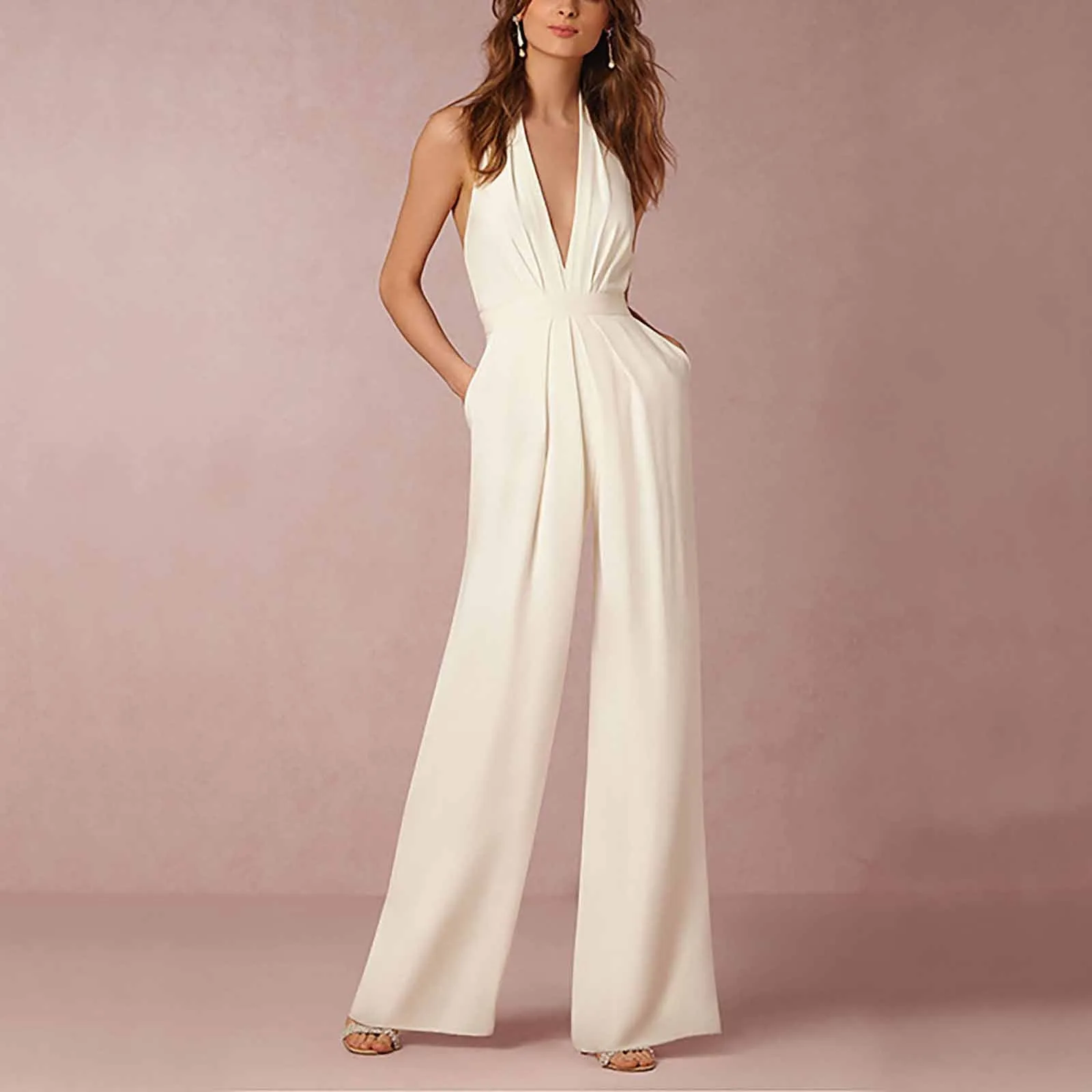 Women Fashion Long Jumpsuit Sleeveless Solid Simple Banquet Dress Loose Jumpsuits Women's Elegant Office Comfortable Trousers