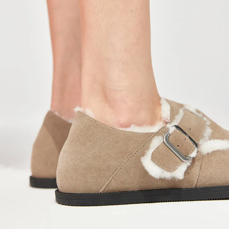 BEAUTODAY Casual Leather Flats Women Cow Suede Slip-on Buckle Strap Winter Warm Wool Ladies Shoes Khaki Handmade 27848