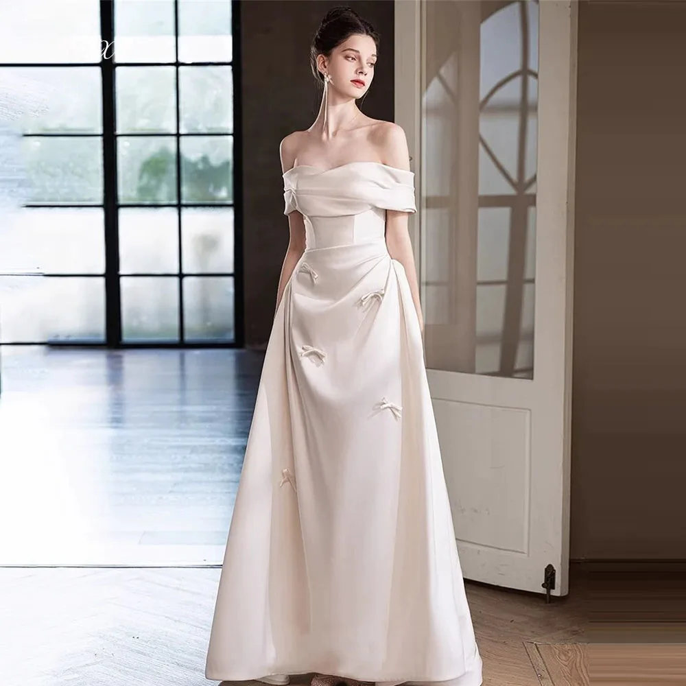 

TULX Princess Ivory Satin Wedding Dress Korea Photo Shoot Off Shoulder A-line Long Bow Bridal Gowns Corset Customized 웨딩드레스