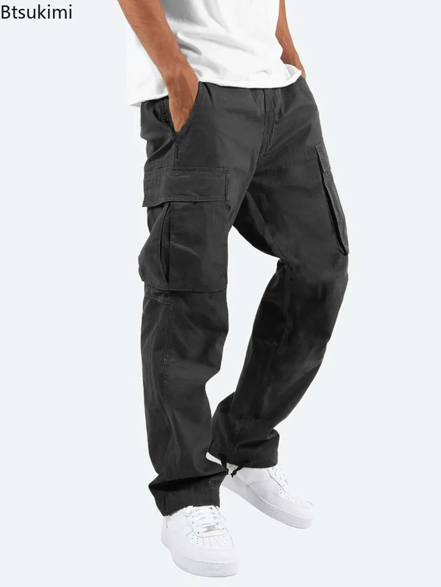 New Men's Casual Joggers Pants Solid Multi Pockets Cargo Pants Fashion Drawstring Baggy Sweatpants Hiking Outdoor Sport Trousers