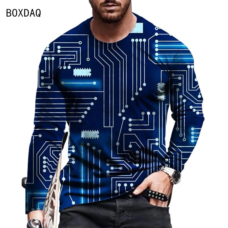 Long Sleeve Men TShirt Autumn New 3D Electronic Chip Pattern Casual T-Shirt Big Size 6XL Male Hip Hop Street All-match Tops