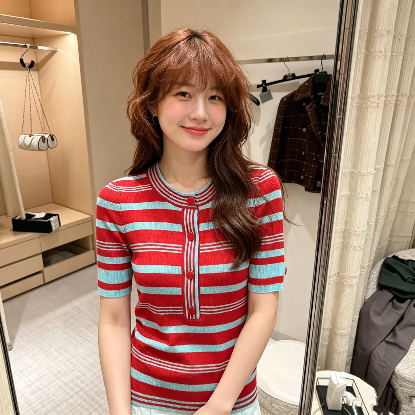 High-end Knitted Sweater Women's Short-sleeved Semi-open Neck Slim-fitting and Thin Versatile Commuter Striped Contrasting Top