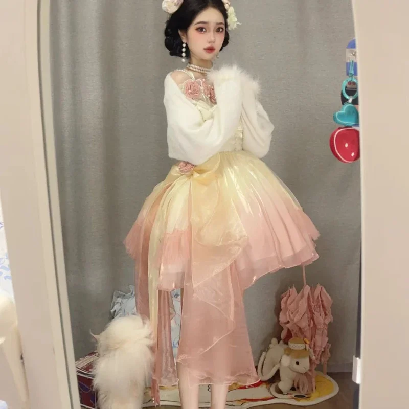 Vintage Elegant Flower Fairy Cosplay Costume Gradient Color Japanese Sweet Lolita Dress for Women Holiday Party Dress