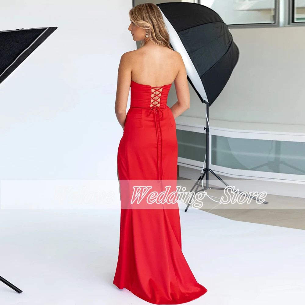 Beach Prom Dress for Woman Strapless Side Slit Floor Length Simple Satin Evening Gown Corset Back Vestido De Noche 2023 Custom