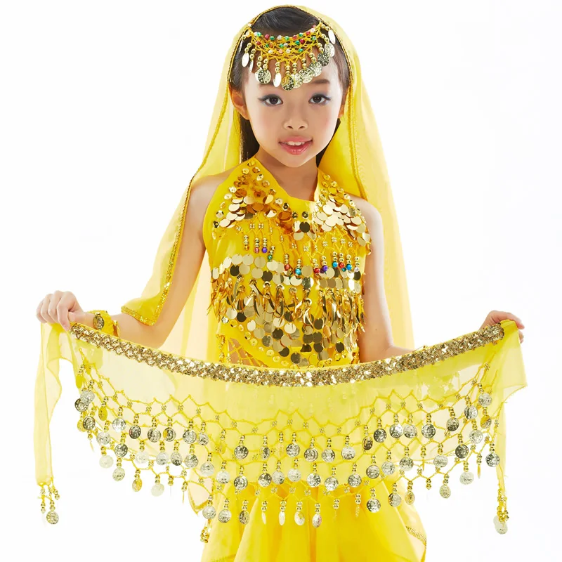 Customized Children's Chiffon Belly Dance Belt Waist Chain with 3 Rows of Bright Slices and Chain Edges Indian Hip Towel Belt