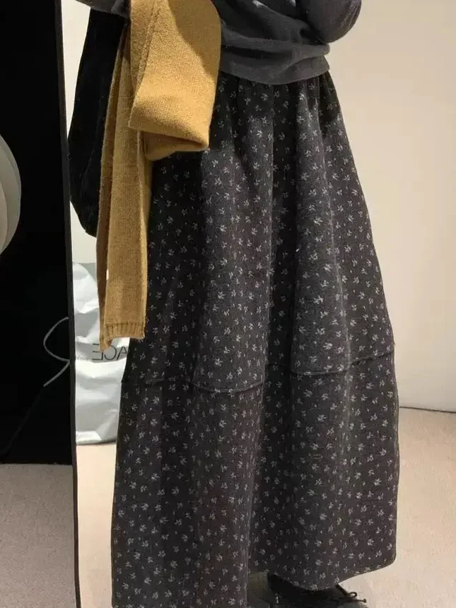 Korean Style High Waist A-Line Midi Skirt Women's Autumn Winter Floral Woolen Bouffant Half-length Slimming Umbrella Skirt