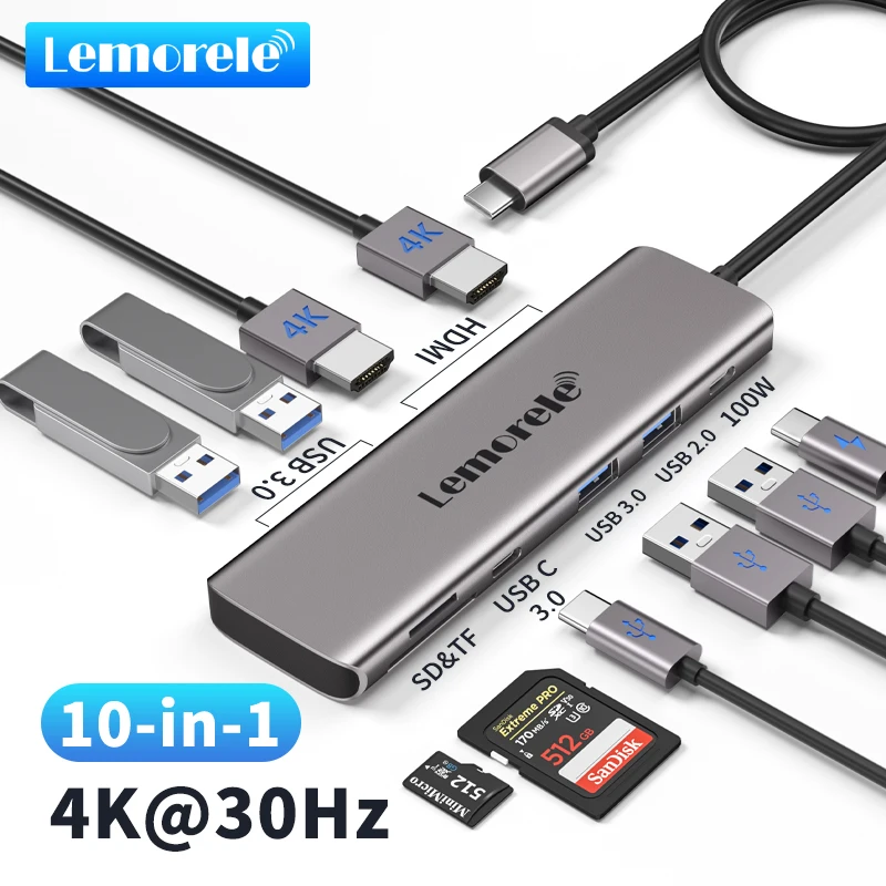 

Lemorele 10-in-1 USB C HUB To HDMI 4K@30Hz Dual Display USB 3.0 Adapter With SD TF PD 100W Docking Station For Window Mac Hub