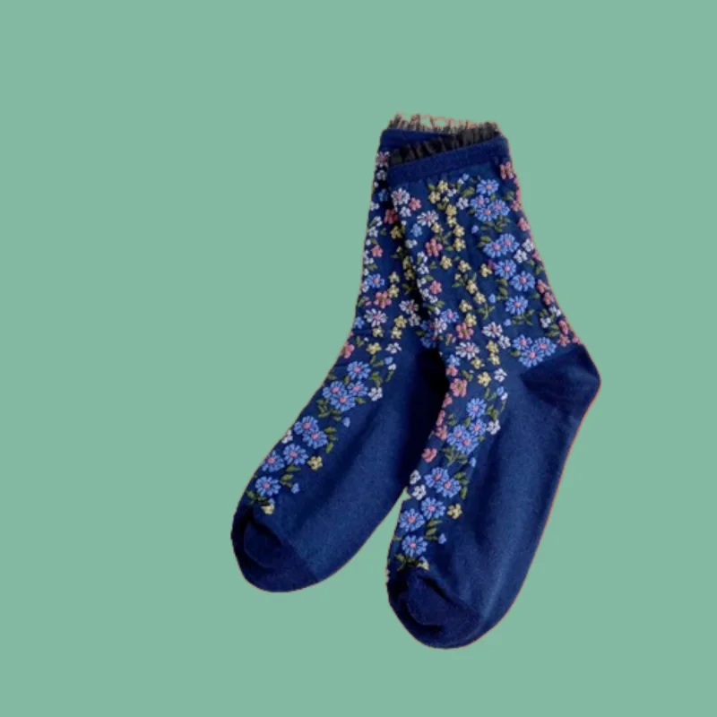 Chaussettes mi-tube en dentelle florale pour femmes, version coréenne assortie, document artistique, forêt rétro, 1/3 paires