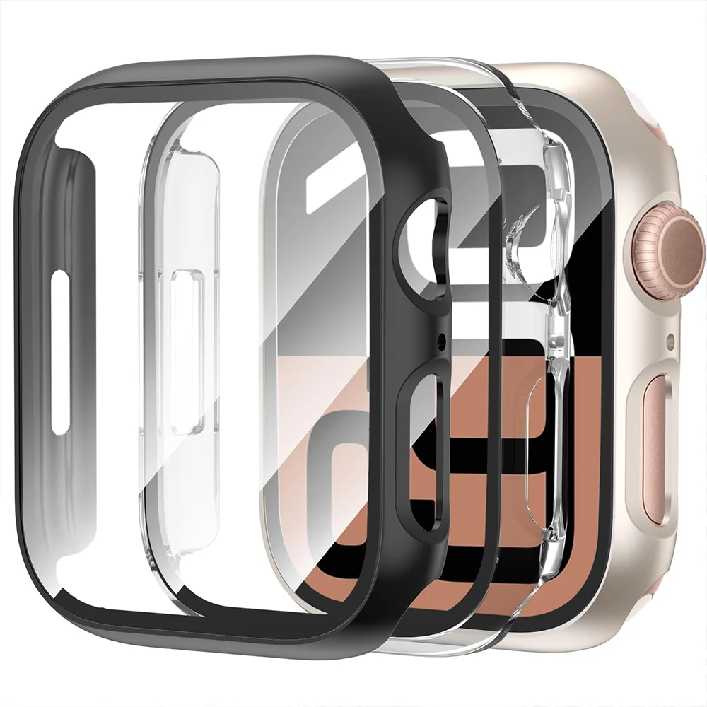 Gehärtetes Glas + Hülle für Apple Watch Serie 9 8 7 6 5 4 3 SE 44 mm 45 mm 40 mm 42 38 41 mm Abdeckung Stoßstange Displayschutzfolie Zubehör